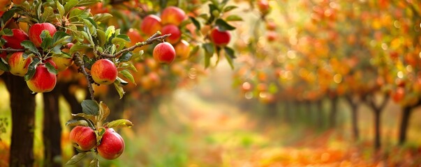 Aufkleber - Ripe red apples are growing on a branch in an orchard during the autumn harvest season