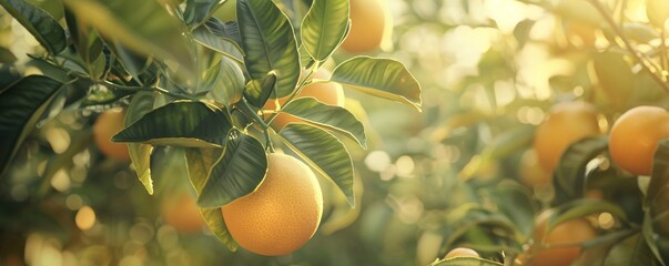 Poster - Golden hour sunlight bathes an orange tree branch full of ripe fruit ready for harvest