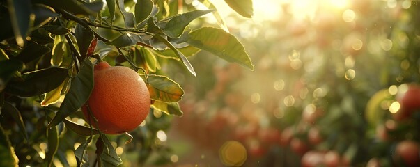 Aufkleber - Grapefruit hangs from a branch in an orchard during the sunset