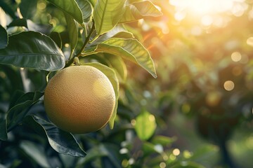 Aufkleber - Ripe grapefruit is hanging on a branch surrounded by green leaves in a citrus orchard on a sunny day