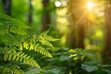 Sticker - Green fern leaves glowing in the sunlight in the forest on a summer day