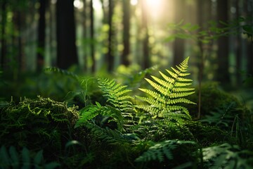 Aufkleber - Lush ferns thrive under the gentle sunlight on the forest floor