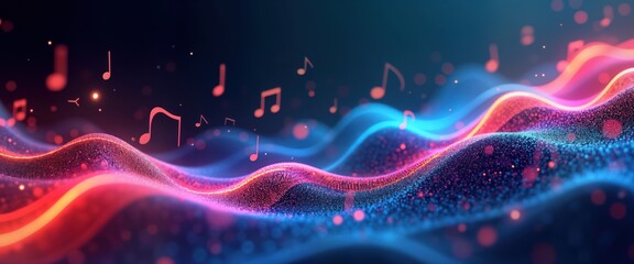 Poster - Abstract music background shows dynamic waves of glowing colors. Vibrant design with flowing musical notes. Visual rhythm, harmony. Modern aesthetic background. Ideal for music apps websites. Great