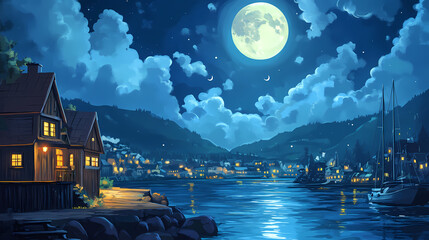 serene nightscape: harbor moonlit village. moonlit harbor. illustration