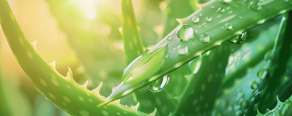 Poster - Aloe vera plant leaf with glistening water droplets in close-up view