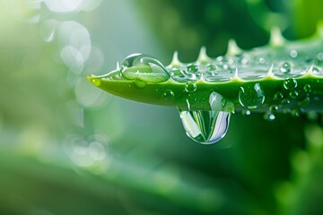 Poster - Macro photo of a water droplet hanging from an aloe vera leaf with a blurred green background
