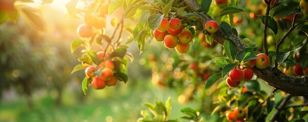 Aufkleber - Ripe apples growing on branch in orchard at sunset