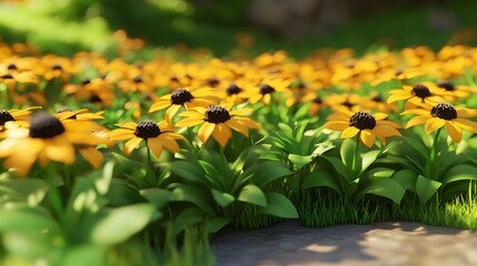 Poster - Vibrant Yellow Flowers Meadow Summer Bloom 3D Render