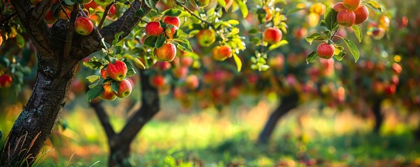 Aufkleber - Apple orchard in the autumn afternoon glow: rows of ripe red apples ready for harvest