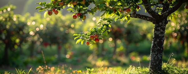 Aufkleber - Morning sunlight illuminating ripe red apples on orchard branches