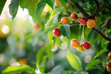 Poster - Ripe cherries on a branch growing in an orchard