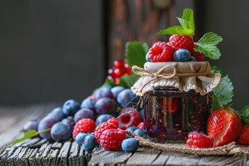Poster - Berries and jam in a glass jar displayed on a wooden tabletop with fresh berry accents