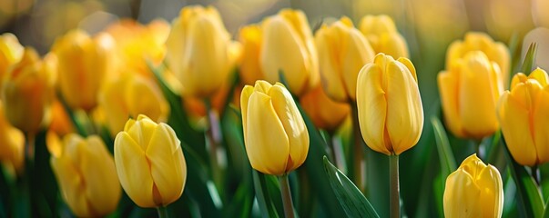 Poster - Gorgeous yellow tulips in full bloom in a spring garden
