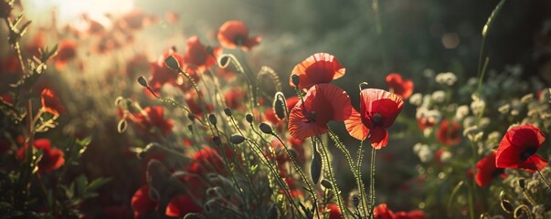 Poster - Blooming red poppy flowers in a field illuminated by the golden glow of the setting sun