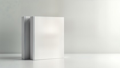 Fototapete - Blank white book stands on white background. Simple design mock-up. Versatile product presentation for marketing materials. Studio shot. Ideal for book templates cover design. Empty page. Versatile