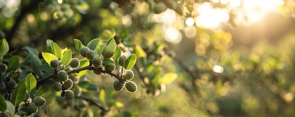 Poster - Green apples growing on a tree branch in an orchard, bathed in the warm light of the setting sun