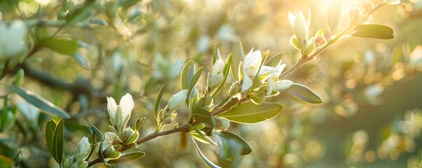Fototapete - Almond tree branch with white flowers blooming under the spring sun