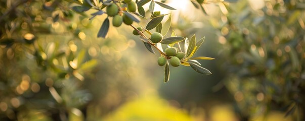 Poster - Olive tree in a tuscan grove with sun shining through branches and olives growing