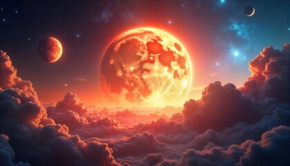 Poster - Celestial entities clash in ethereal landscape. Dawn, twilight hues mix. Radiant light illuminates star filled sky. Huge celestial bodies dominate. Mystical scene. Futuristic, fantasy elements blend.