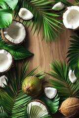 Poster - Tropical border design with fresh coconuts and palm leaves surrounding a wooden surface with copy space