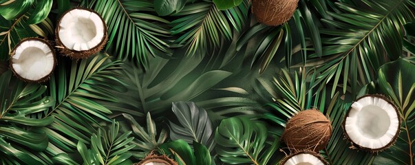 Poster - Tropical background with copy space made of fresh coconuts and palm tree leaves