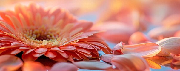 Wall Mural - Gerbera daisy floating on water with soft peach and blue backdrop