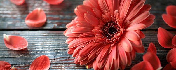 Aufkleber - Red gerbera daisy sits on a worn wooden tabletop, its vibrant petals unfolding amid fallen petals