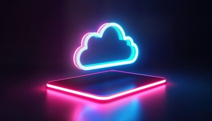 Poster - Neon cloud symbol hovers above glowing tablet on dark background. Futuristic tech interface concept. Abstract graphic design. Digital illustration shows cloud storage, communication. Glowing icon