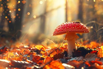 Poster - Red and white mushroom grows amidst fall leaves with sunlight filtering through the trees