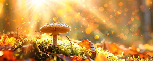 Poster - fly agaric mushroom basking in the sunlight on a moss-covered forest floor