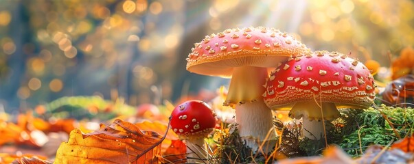 Aufkleber - Red and white fly agaric mushrooms are growing in the forest among fallen leaves bathed in warm sunlight