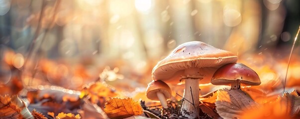Poster - Mushrooms thriving on a forest floor blanketed with fallen leaves in the warm glow of a golden autumn