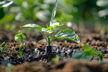 Poster - Drip irrigation system is being used to water a young plant at an organic farm