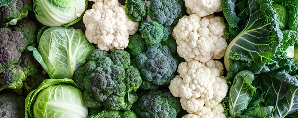 Aufkleber - Display of freshly harvested cabbages, broccoli florets and cauliflower heads creates a vibrant and healthy food backdrop