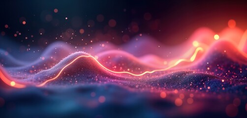 Aufkleber - Abstract futuristic scene shows vibrant energy flow. Blurred glowing waves, neon lines create dynamic motion. Spiritual energy concept. Suitable for tech backgrounds wallpaper. Futuristic data stream