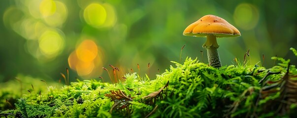 Poster - Bright orange mushroom is growing on a bed of moss in a forest