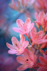Poster - Pink lilies are blooming in a garden, creating a beautiful and delicate scene with a soft focus background