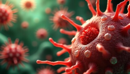 Poster - Microscopic view of cellular structures resembling bacteria. Close-up shows intricate details, filaments. Red-green hues highlight microbe. Scientific research into microbiological, biotechnological
