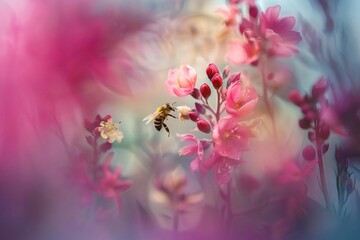 Poster - Honeybee gathering pollen from pink flowers in the spring, playing a vital role in the ecosystem