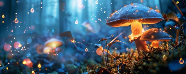 Aufkleber - Enchanted fairy forest at night with glowing mushrooms casting a warm light on the surrounding vegetation