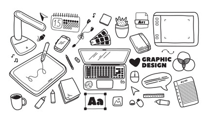 graphic designer workspace with office accessories and digital gadget for creative job doodle set