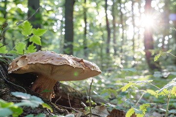 Poster - Giant mushroom sprouting from fallen tree trunk in sunlit forest