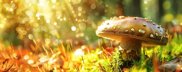 Poster - Sunset light illuminates a wild mushroom growing in the forest