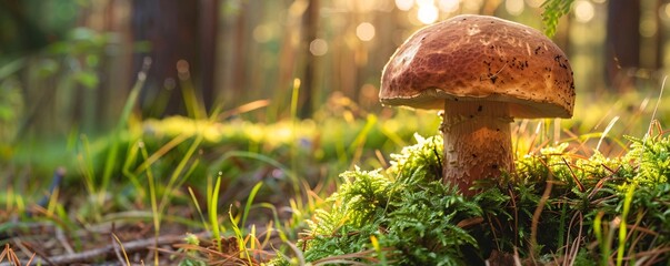 Poster - Big brown mushroom growing on moss in a forest at sunset, illuminated by the warm light of the setting sun