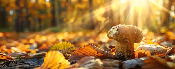 Poster - In a sunlit woodland, a wild mushroom emerges amidst a blanket of autumn foliage