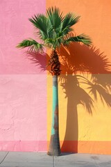 Aufkleber - Sunny day in florida: palm tree casts shadow on vibrant pink and orange wall