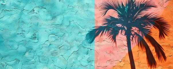 Poster - Tropical background with palm tree shadow casting on a colorful wall