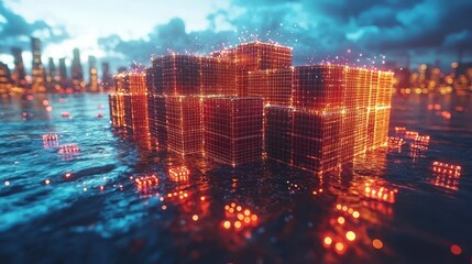 Wall Mural - Glowing Data Blocks Floating in Urban Waterscape