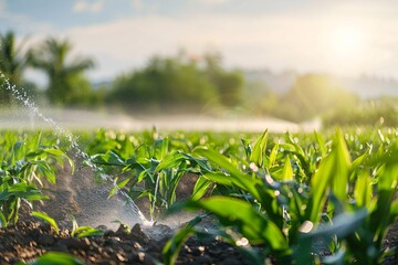 Poster - Cornfield being watered by an irrigation system at sunset, ensuring ample moisture for plant growth and a successful harvest