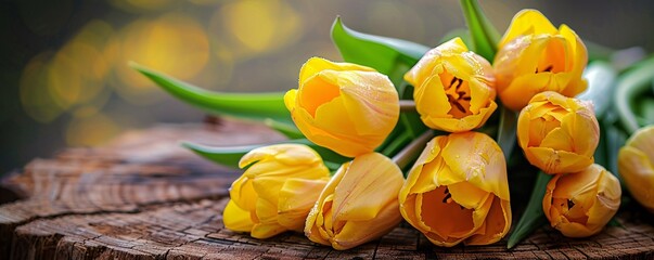 Poster - Yellow tulips with dew drops resting on weathered wooden surface